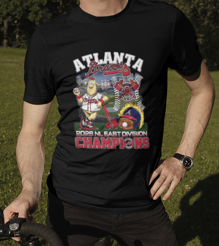 Atlanta Braves 2026 NL East Division Champions Stadium With Mascot And Baseball Bat T-Shirt