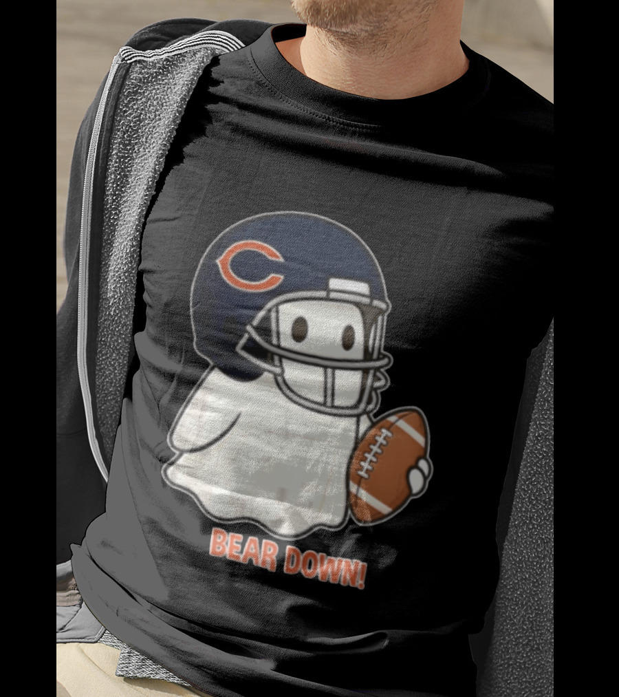 Chicago Bears Bear Down Ghost Football Helmet Holding Ball T-Shirt