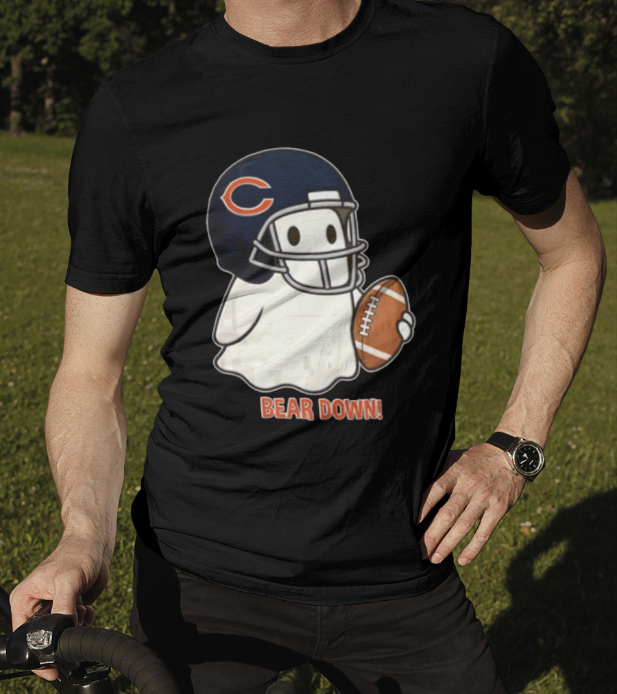 Chicago Bears Bear Down Ghost Football Helmet Holding Ball T-Shirt