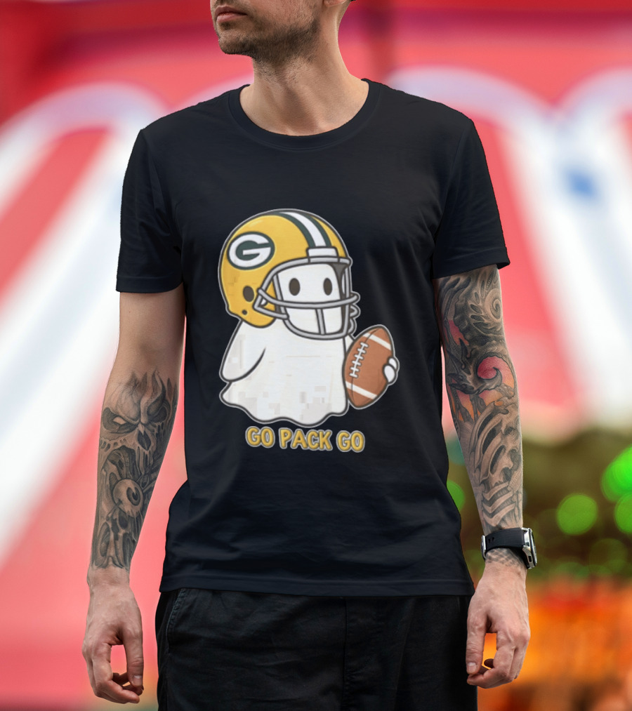 Go Pack Go Ghost With Green Bay Packers Football Helmet And Ball T-Shirt