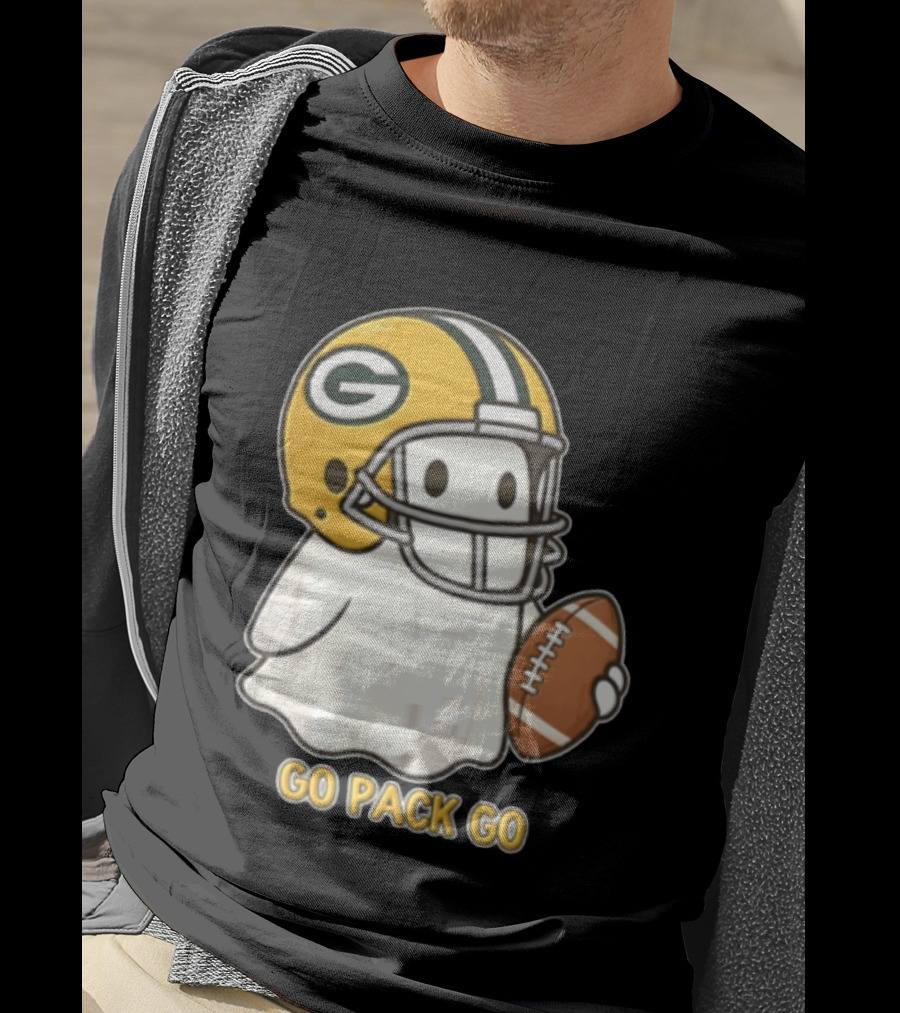 Go Pack Go Ghost With Green Bay Packers Football Helmet And Ball T-Shirt