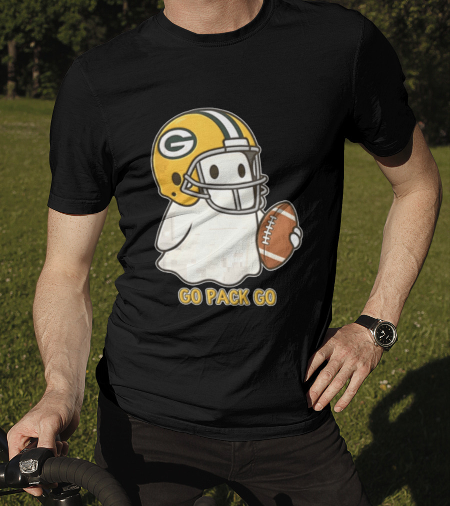 Go Pack Go Ghost With Green Bay Packers Football Helmet And Ball T-Shirt