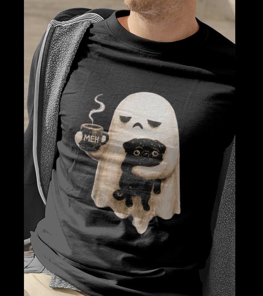 Halloween Meh Ghost Holding Black Pug Dog Lover T-Shirt