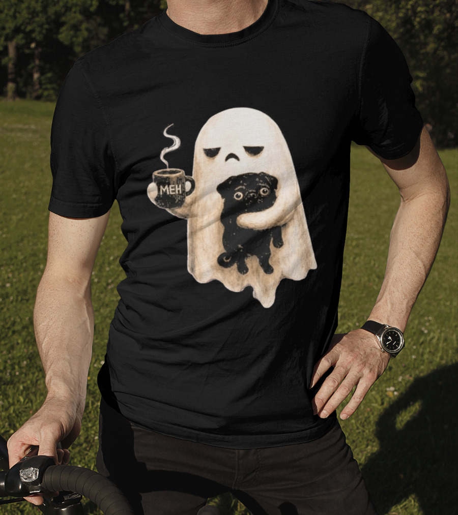 Halloween Meh Ghost Holding Black Pug Dog Lover T-Shirt