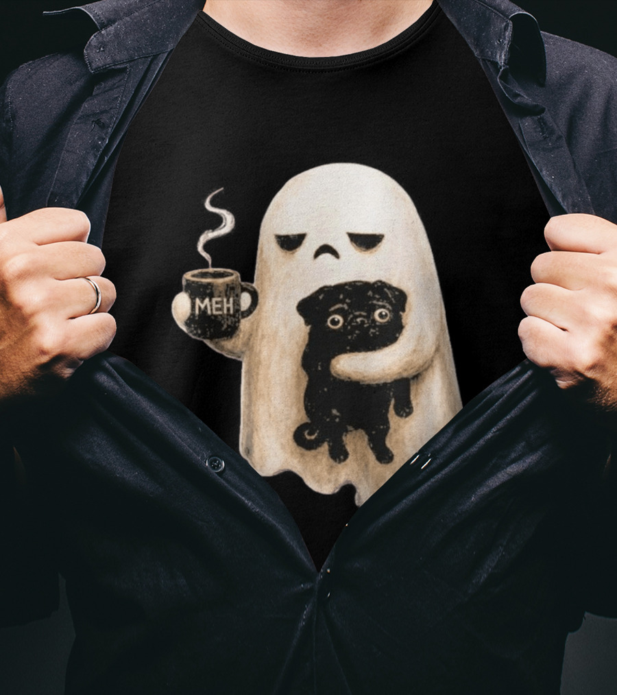 Halloween Meh Ghost Holding Black Pug Dog Lover T-Shirt