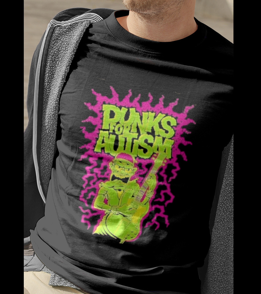 Punks For Autism Frankenstein Guitar Player Neon Rock T-Shirt