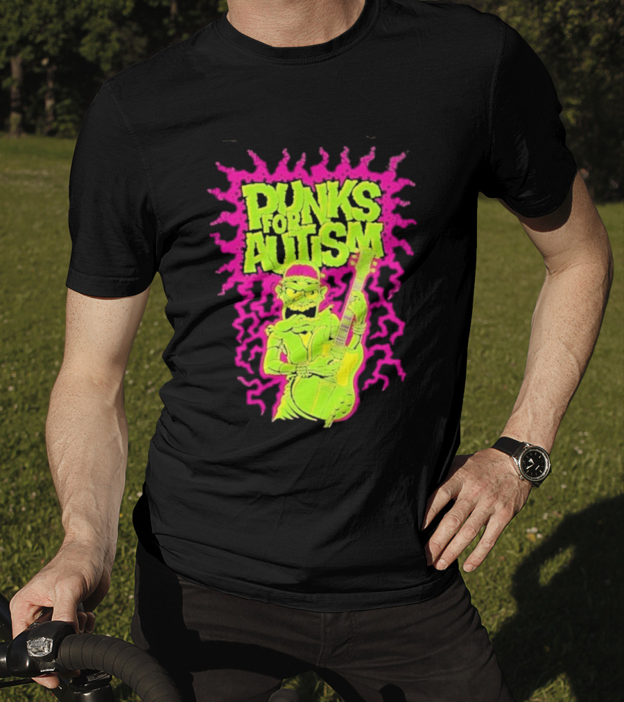 Punks For Autism Frankenstein Guitar Player Neon Rock T-Shirt