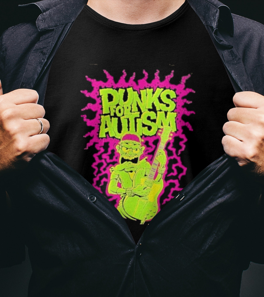 Punks For Autism Frankenstein Guitar Player Neon Rock T-Shirt