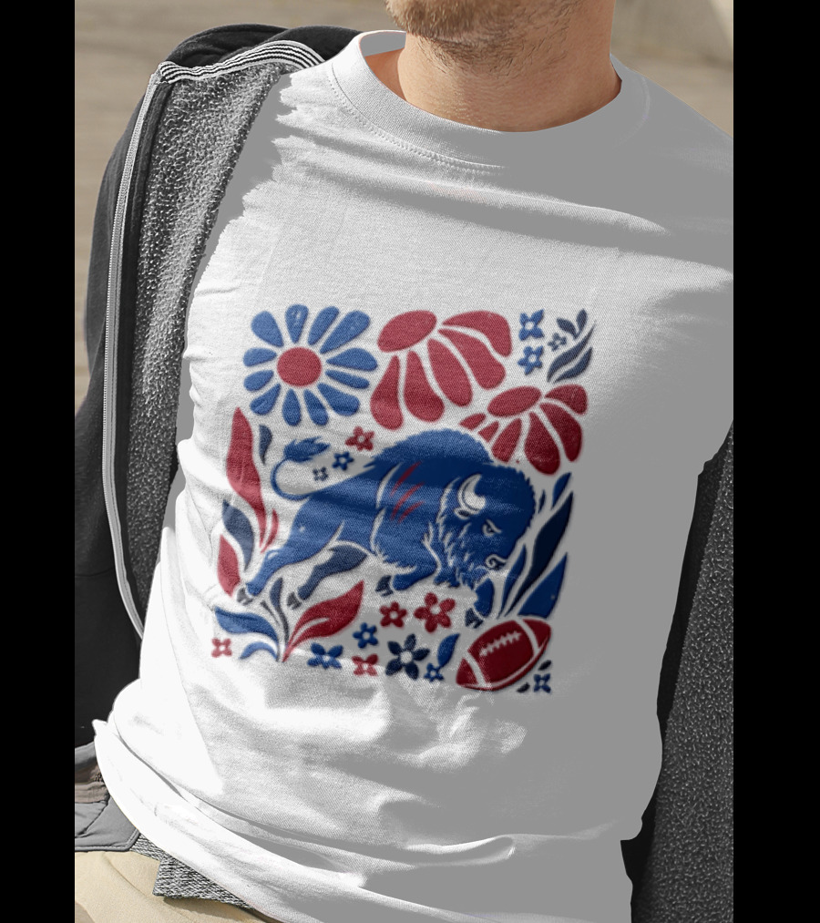 Buffalo Bills Charging Buffalo Red Blue Flowers Football T-Shirt