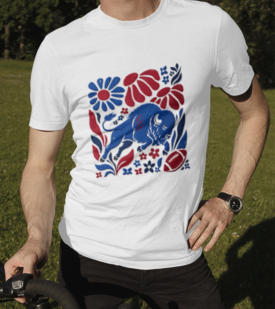 Buffalo Bills Charging Buffalo Red Blue Flowers Football T-Shirt
