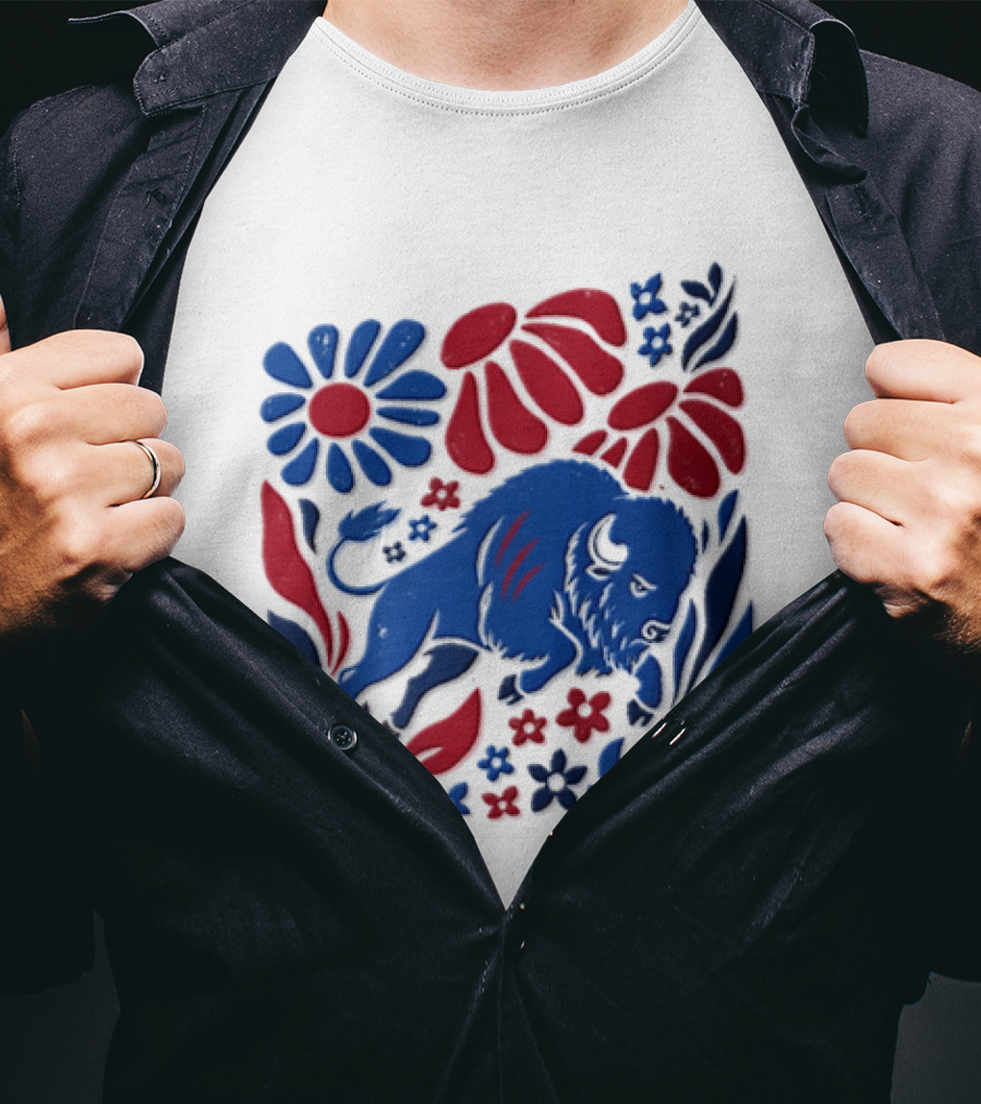 Buffalo Bills Charging Buffalo Red Blue Flowers Football T-Shirt