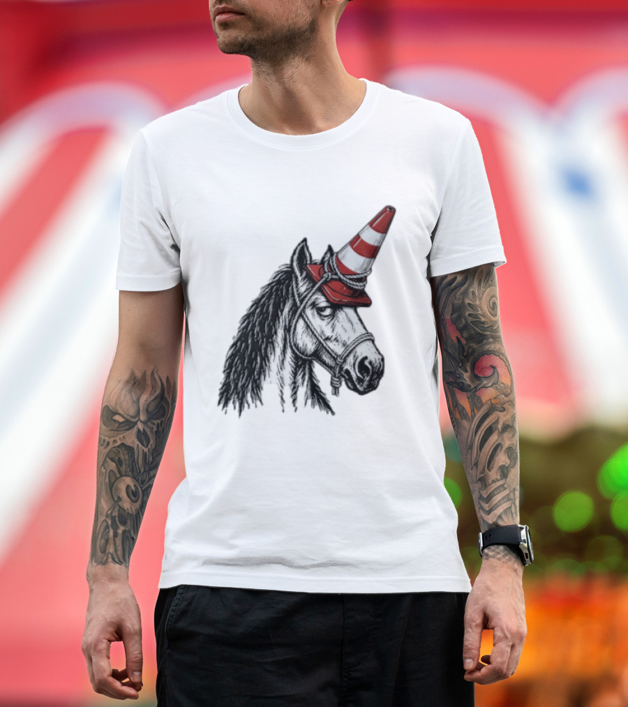 Horse Wearing Red Traffic Cone Hat Rope Accessory T-Shirt