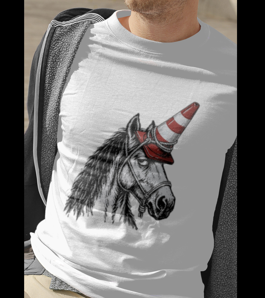 Horse Wearing Red Traffic Cone Hat Rope Accessory T-Shirt