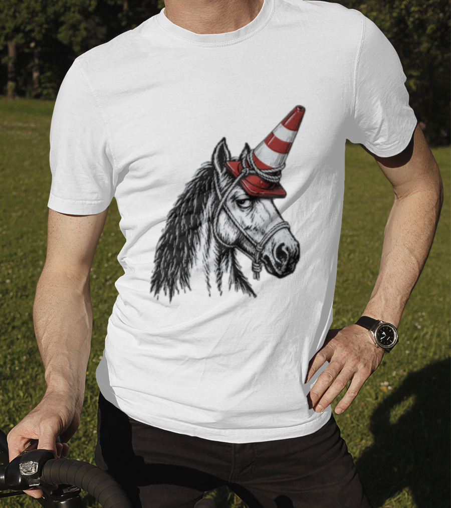 Horse Wearing Red Traffic Cone Hat Rope Accessory T-Shirt