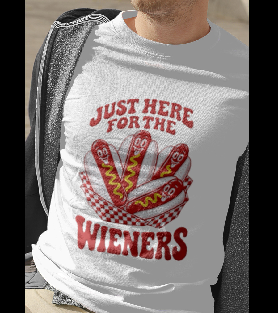 Just Here For The Wieners Four Cartoon Hot Dogs Mustard T-Shirt