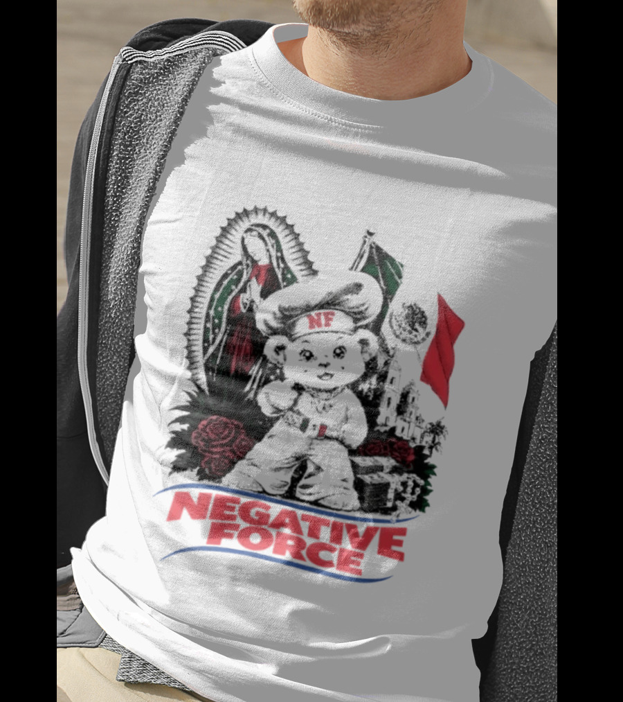 Negative Force Bear With Mexican Flag Virgin Mary Roses T-Shirt