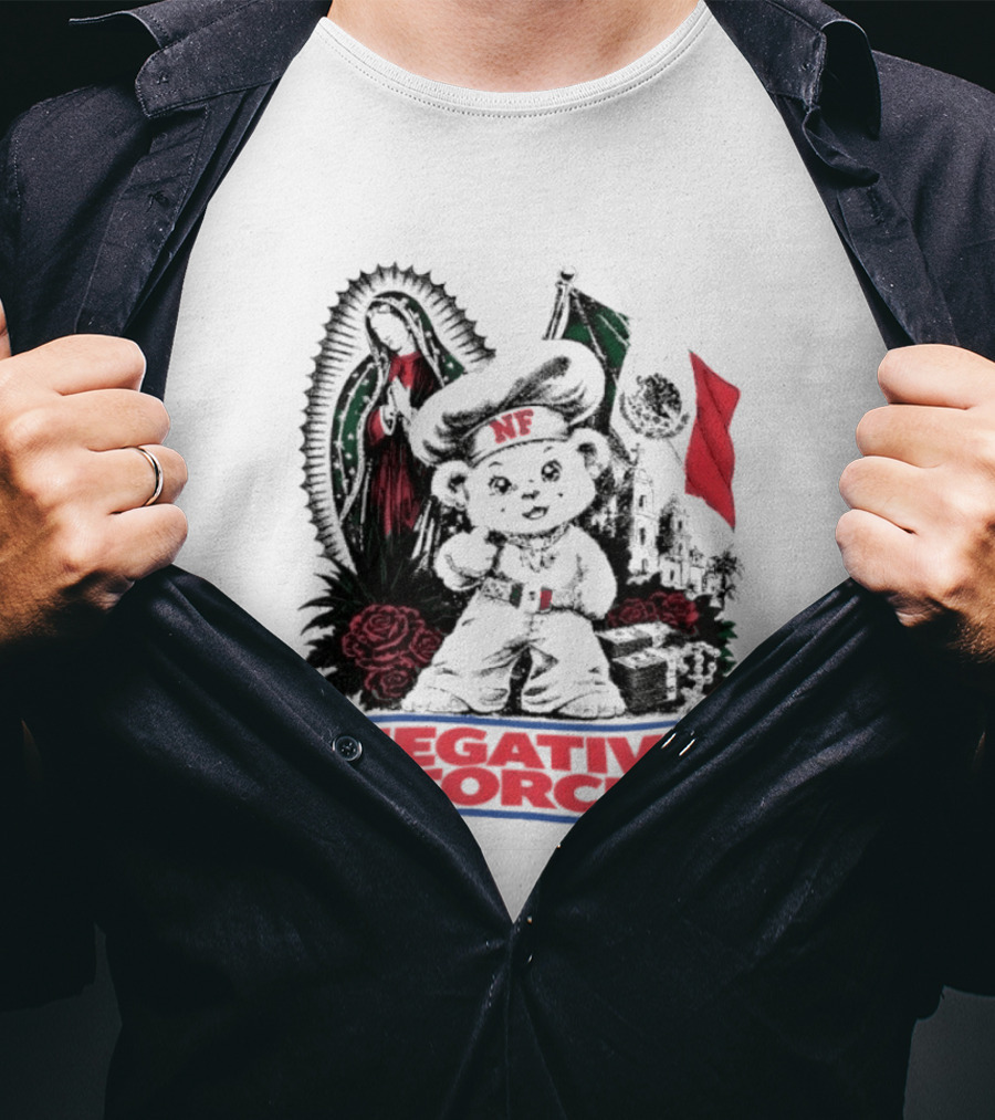 Negative Force Bear With Mexican Flag Virgin Mary Roses T-Shirt