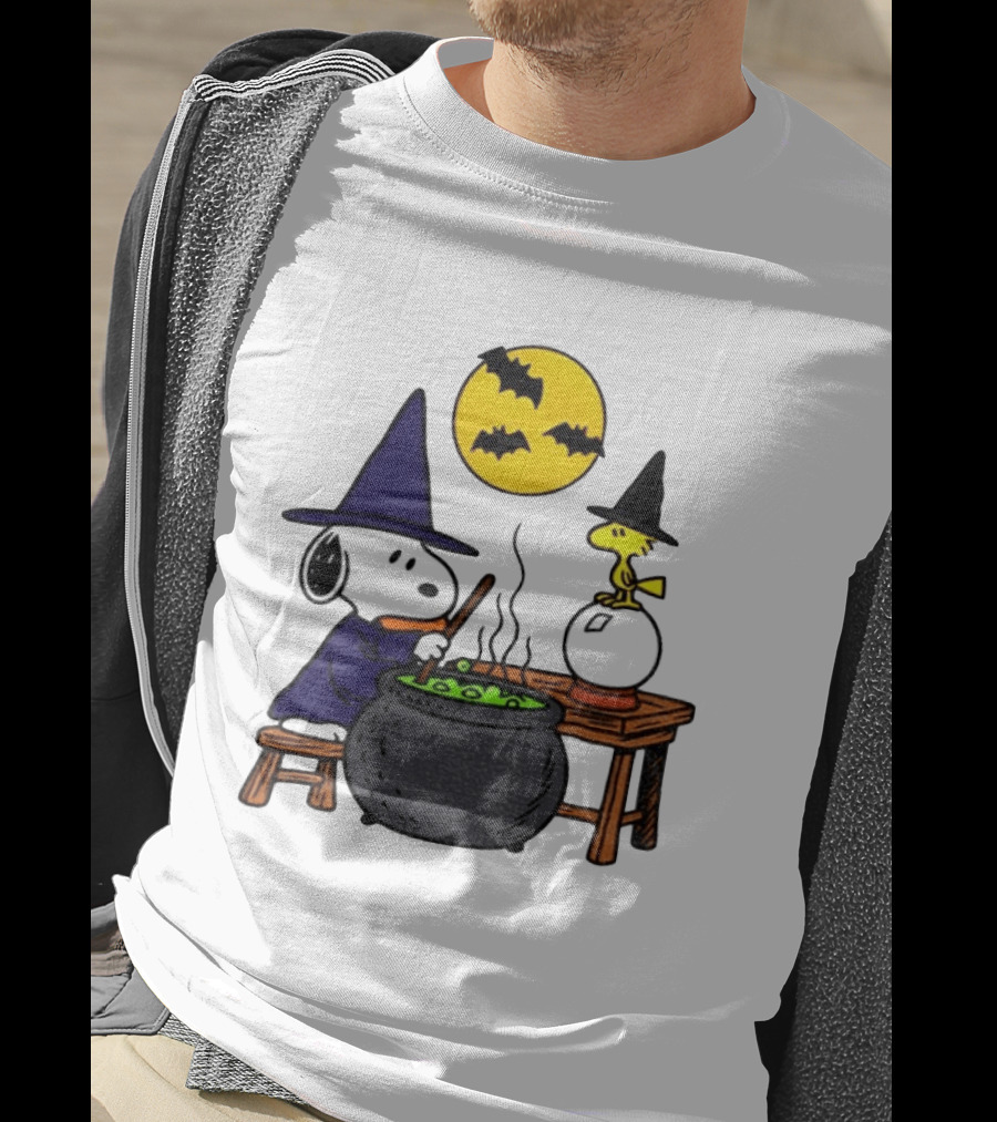 Snoopy Witch Cauldron Woodstock Crystal Ball Halloween Moon Bats T-Shirt