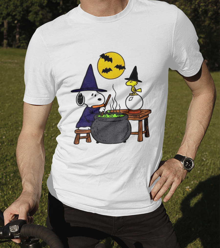 Snoopy Witch Cauldron Woodstock Crystal Ball Halloween Moon Bats T-Shirt