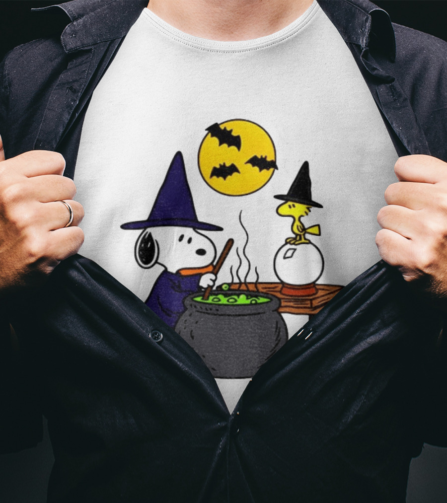 Snoopy Witch Cauldron Woodstock Crystal Ball Halloween Moon Bats T-Shirt
