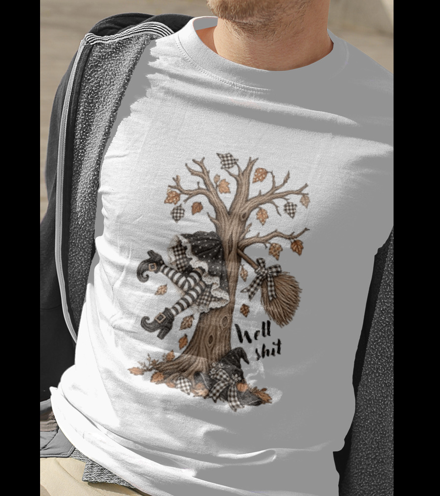 Well Shit Witch Halloween Tree Broom Black White Stripes Autumn Leaves T-Shirt