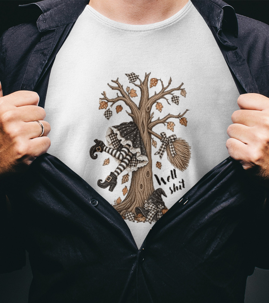 Well Shit Witch Halloween Tree Broom Black White Stripes Autumn Leaves T-Shirt