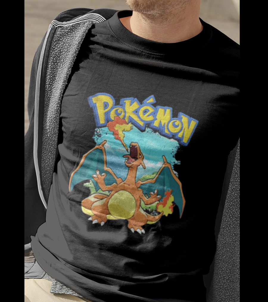Pokemon Charizard Breathing Fire In Green Landscape T-Shirt