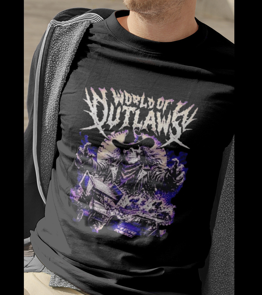 World Of Outlaws Skeleton Cowboy With Sprint Car Racing T-Shirt