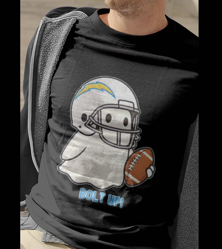 Los Angeles Chargers Bolt Up Ghost Football Helmet Holding Ball T-Shirt