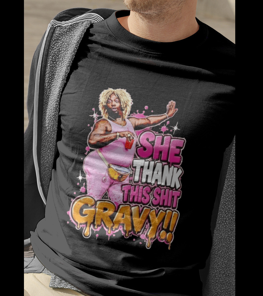 Yung Gravy She Thank This Shit Gravy Rapper Pink Outfit Drink Pose T-Shirt