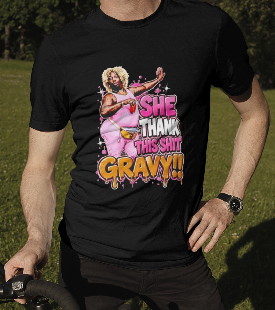 Yung Gravy She Thank This Shit Gravy Rapper Pink Outfit Drink Pose T-Shirt