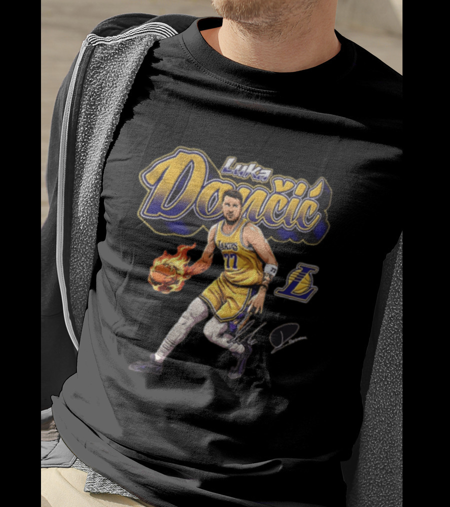 Luka Dončić Los Angeles Lakers Flaming Basketball Dribble NBA Player T-Shirt