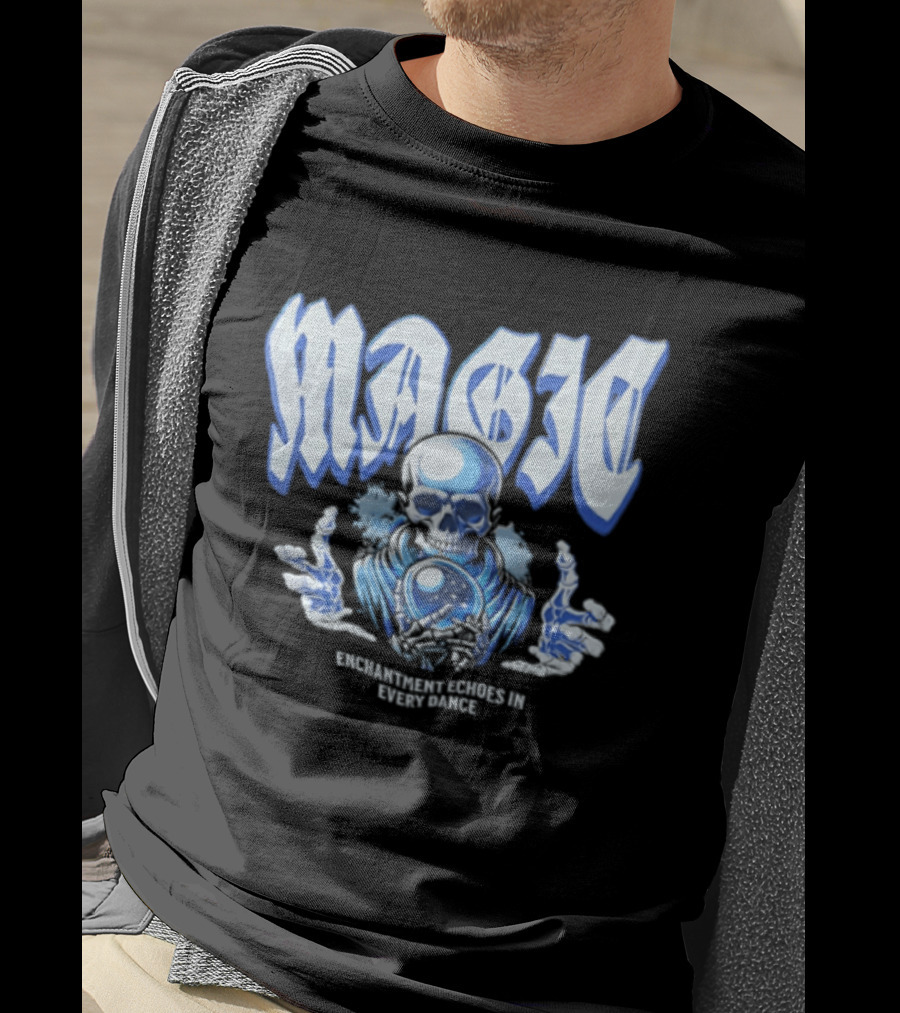 Magic Enchantment Echoes Skeleton Holding Glowing Crystal Ball T-Shirt
