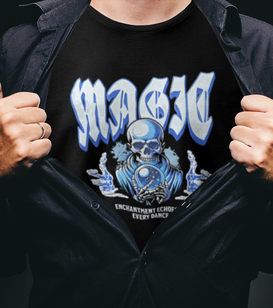 Magic Enchantment Echoes Skeleton Holding Glowing Crystal Ball T-Shirt
