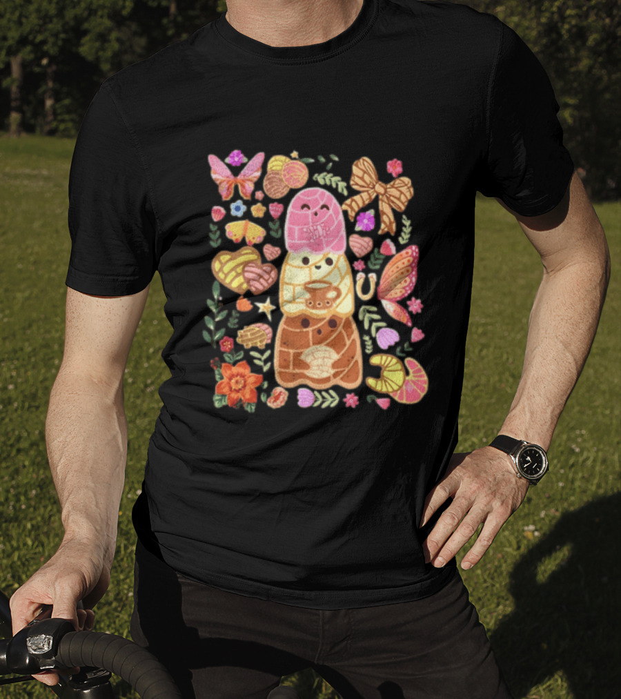 Stacked Concha Bread Characters With Colorful Flowers And Butterflies T-Shirt