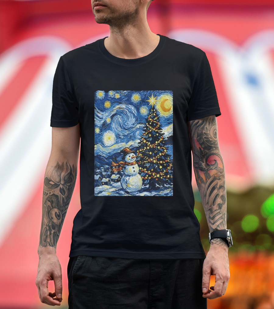 Starry Snowman Christmas Night With Tree And Sky T-Shirt