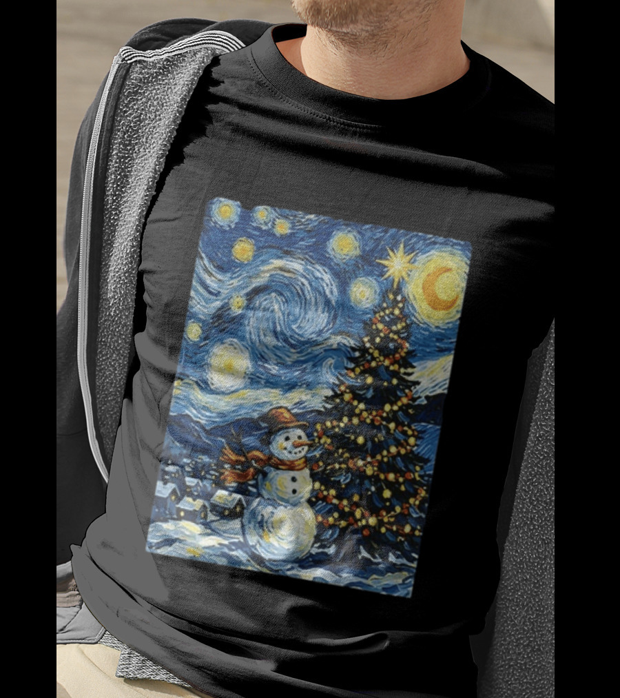 Starry Snowman Christmas Night With Tree And Sky T-Shirt