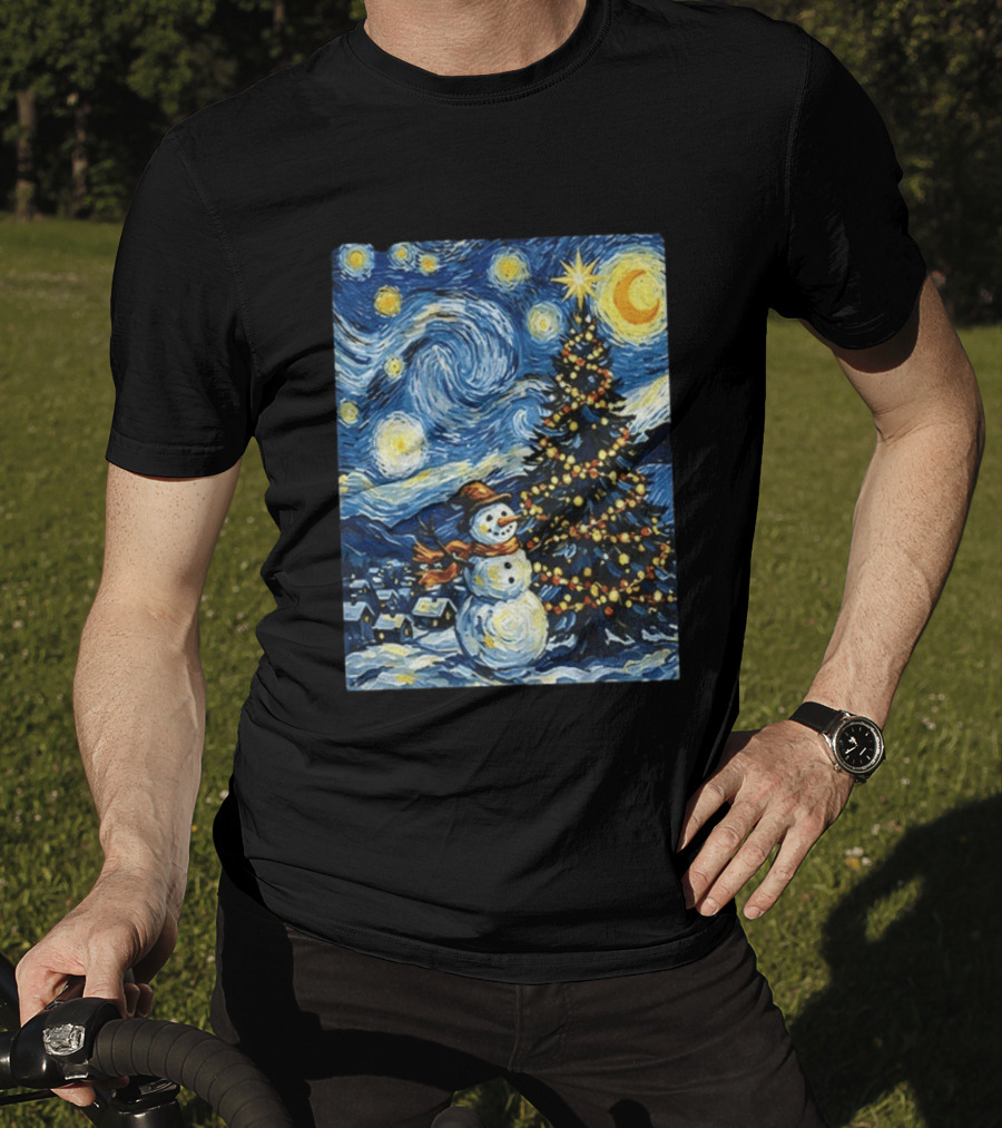 Starry Snowman Christmas Night With Tree And Sky T-Shirt