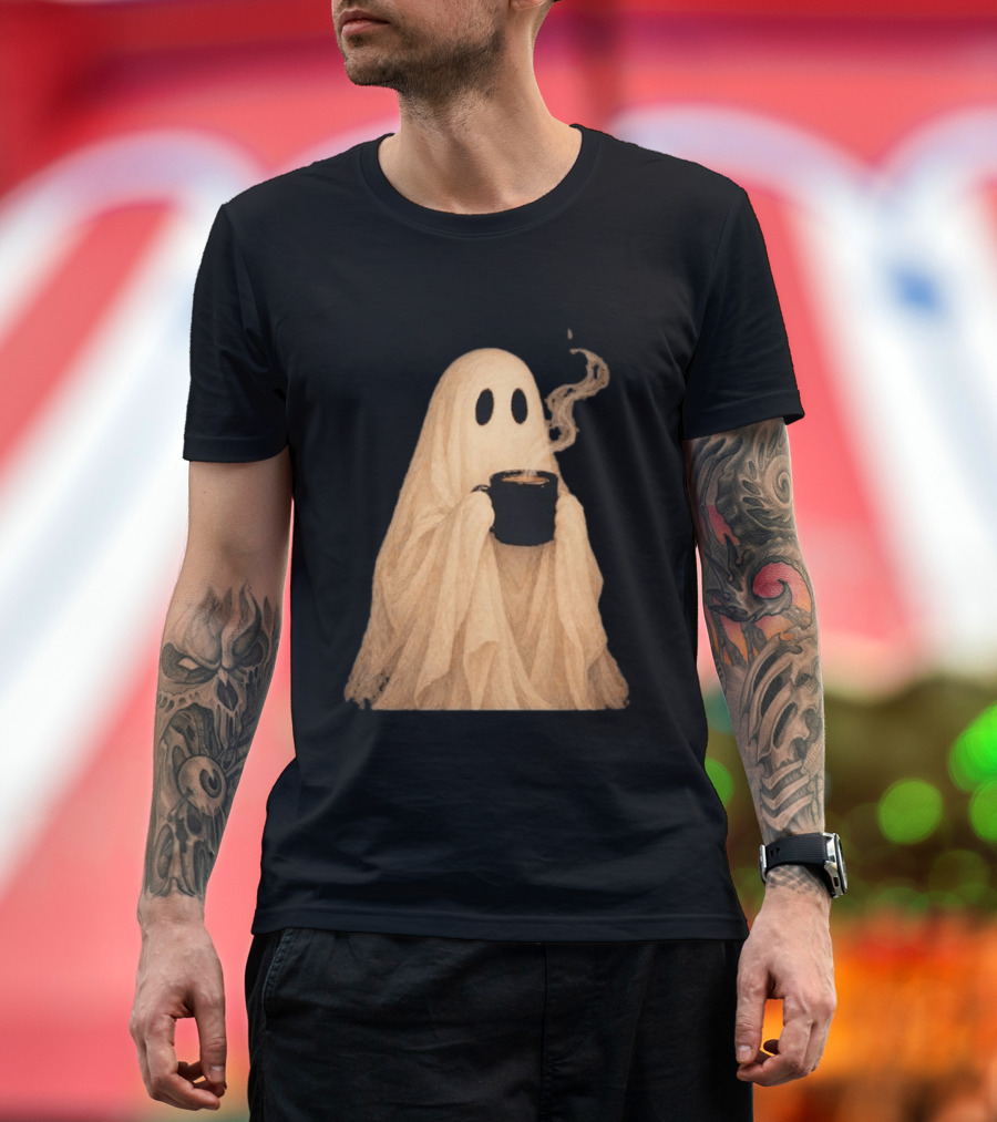 Ghost Spooky Coffee Bar Halloween Cozy Ghost Holding Coffee Steam T-Shirt