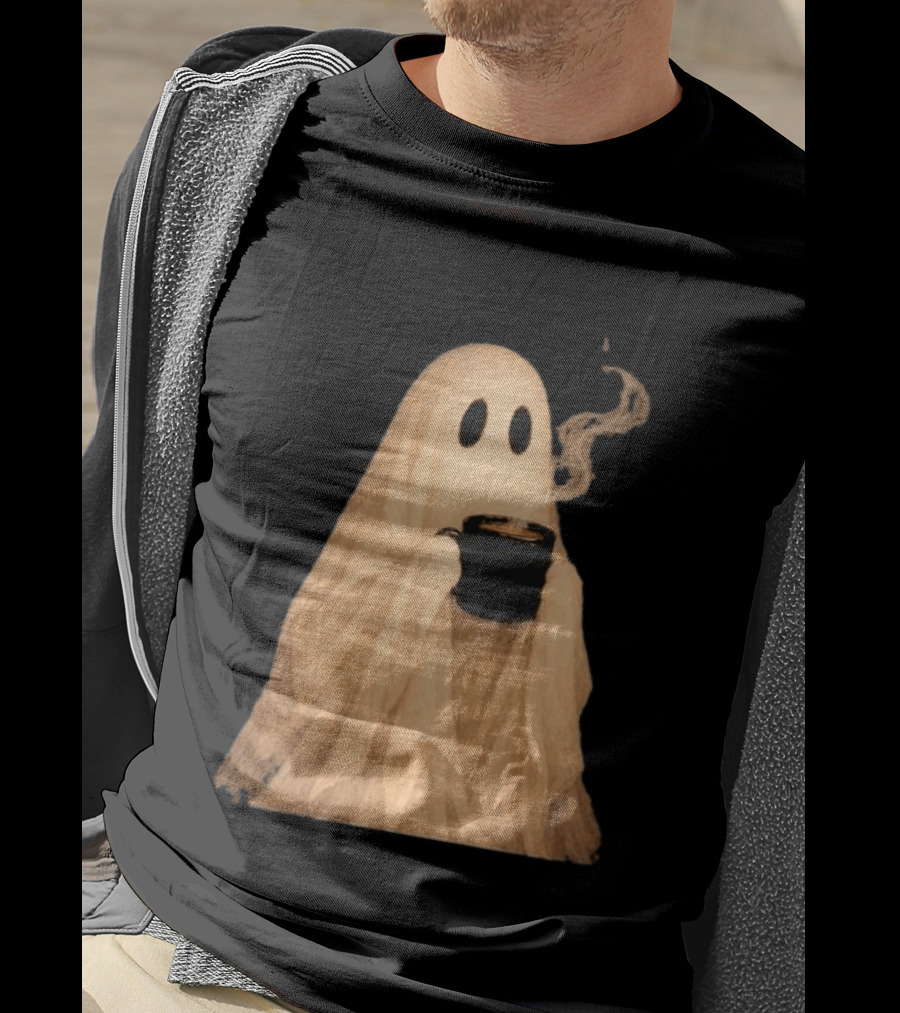Ghost Spooky Coffee Bar Halloween Cozy Ghost Holding Coffee Steam T-Shirt