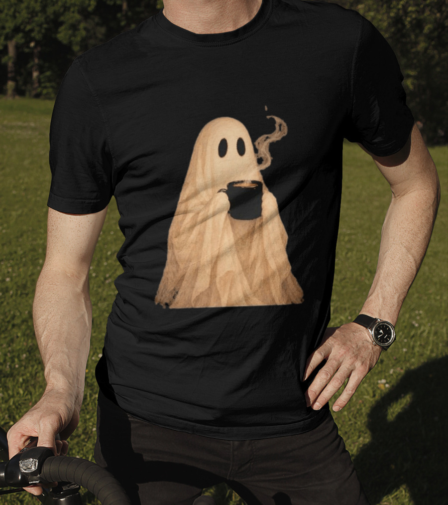 Ghost Spooky Coffee Bar Halloween Cozy Ghost Holding Coffee Steam T-Shirt