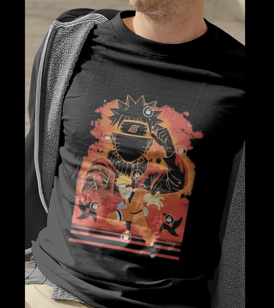 Naruto Uzumaki Ninja Action Anime Manga Shadow Clone Jutsu Shuriken Flames T-Shirt