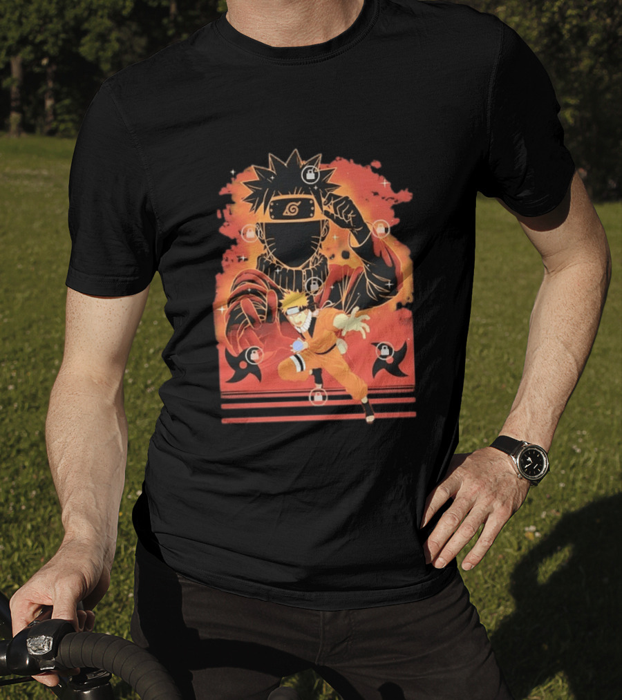 Naruto Uzumaki Ninja Action Anime Manga Shadow Clone Jutsu Shuriken Flames T-Shirt