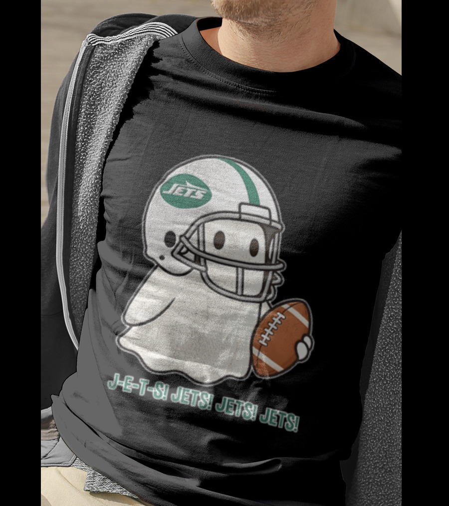 J E S Jets Jets Jets New York Jets Football Helmet Ghost Holding Football T-Shirt