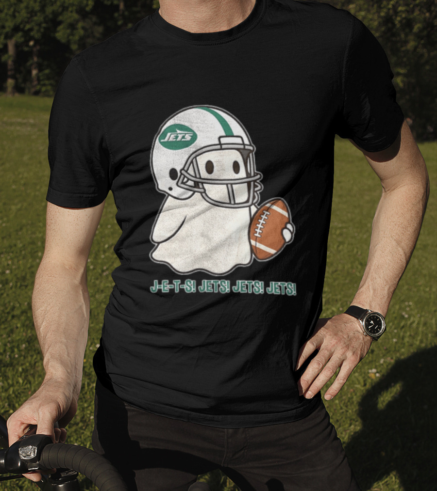 J E S Jets Jets Jets New York Jets Football Helmet Ghost Holding Football T-Shirt