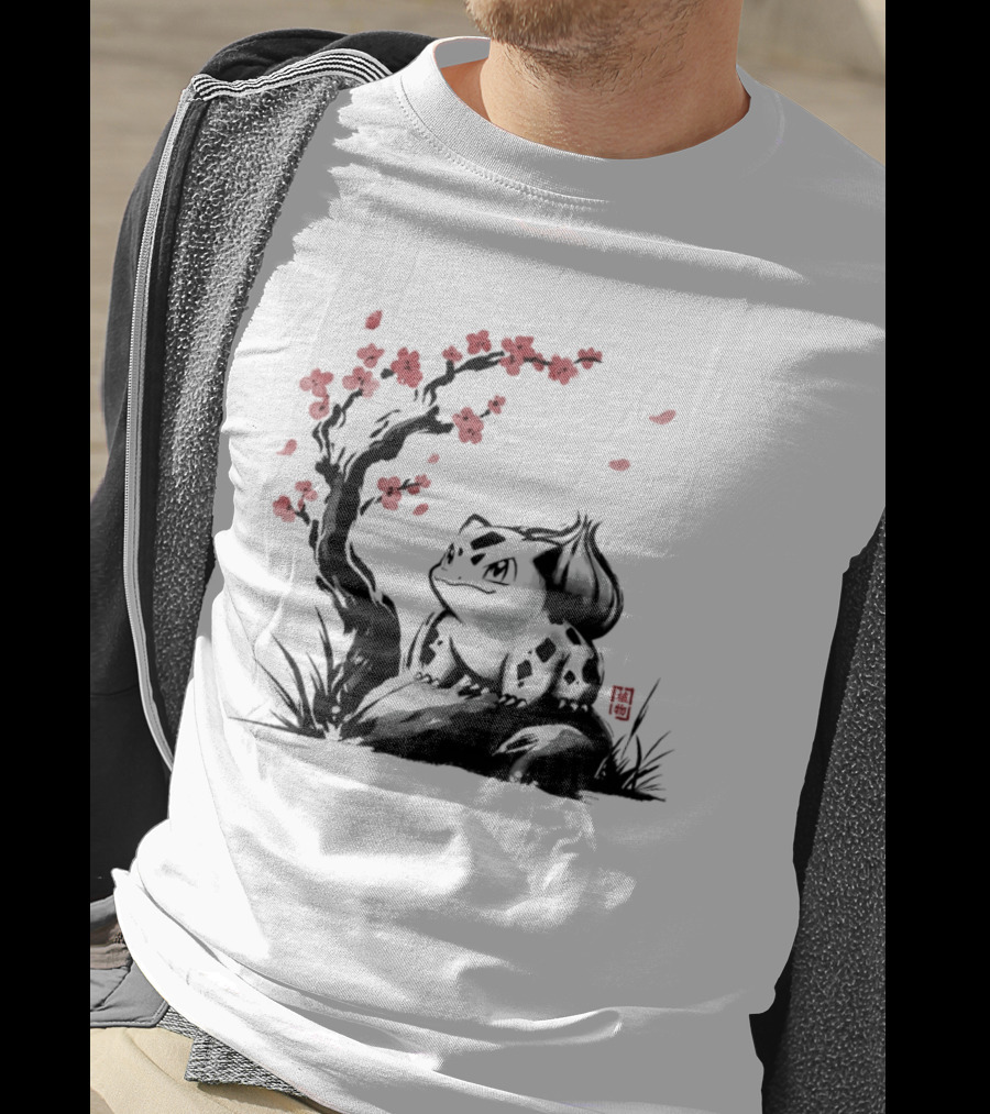 Bulbasaur Sumi E Ink Wash Painting With Cherry Blossom Pokemon T-Shirt