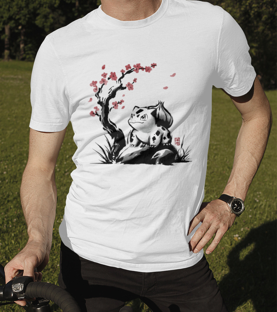 Bulbasaur Sumi E Ink Wash Painting With Cherry Blossom Pokemon T-Shirt