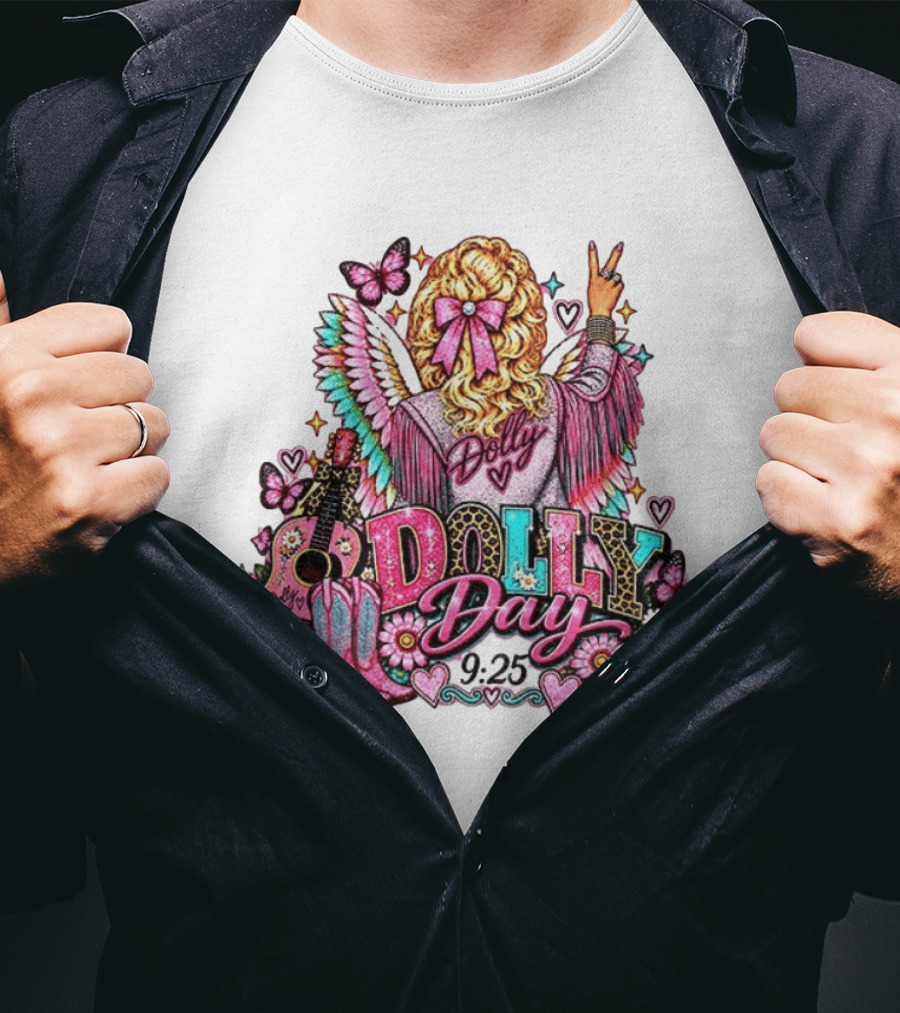 Dolly Day 9.25 Pink Cowgirl Boots Guitar Western Butterflies Hearts T-Shirt