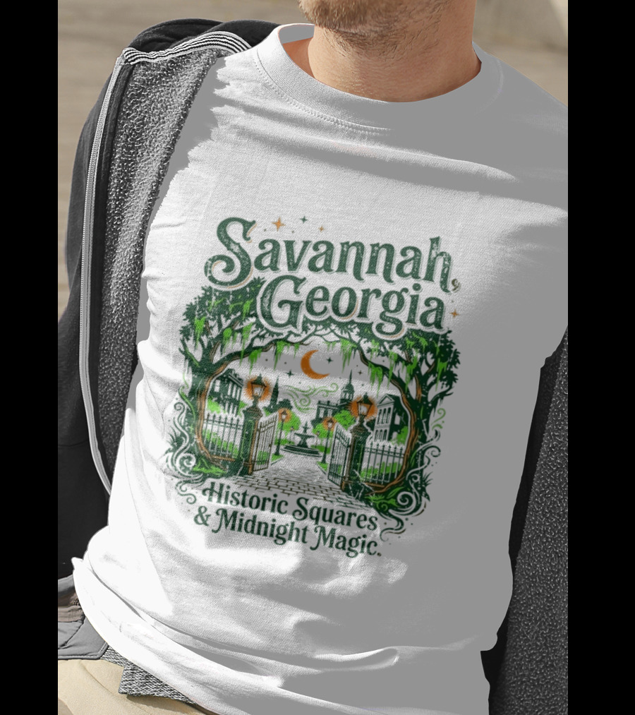 Savannah Georgia Historic Squares Midnight Magic Crescent Moon And Lanterns T-Shirt