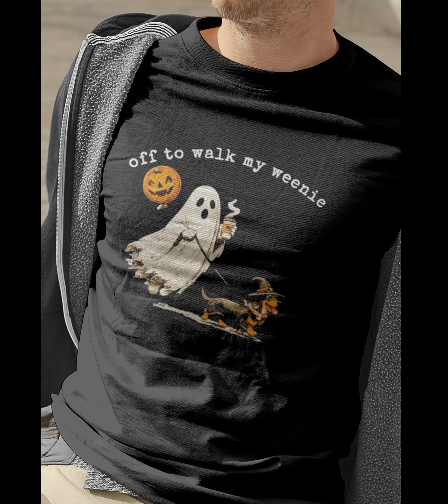 Ghost Walking With Pumpkin Balloon And Dachshund Halloween Fun T-Shirt